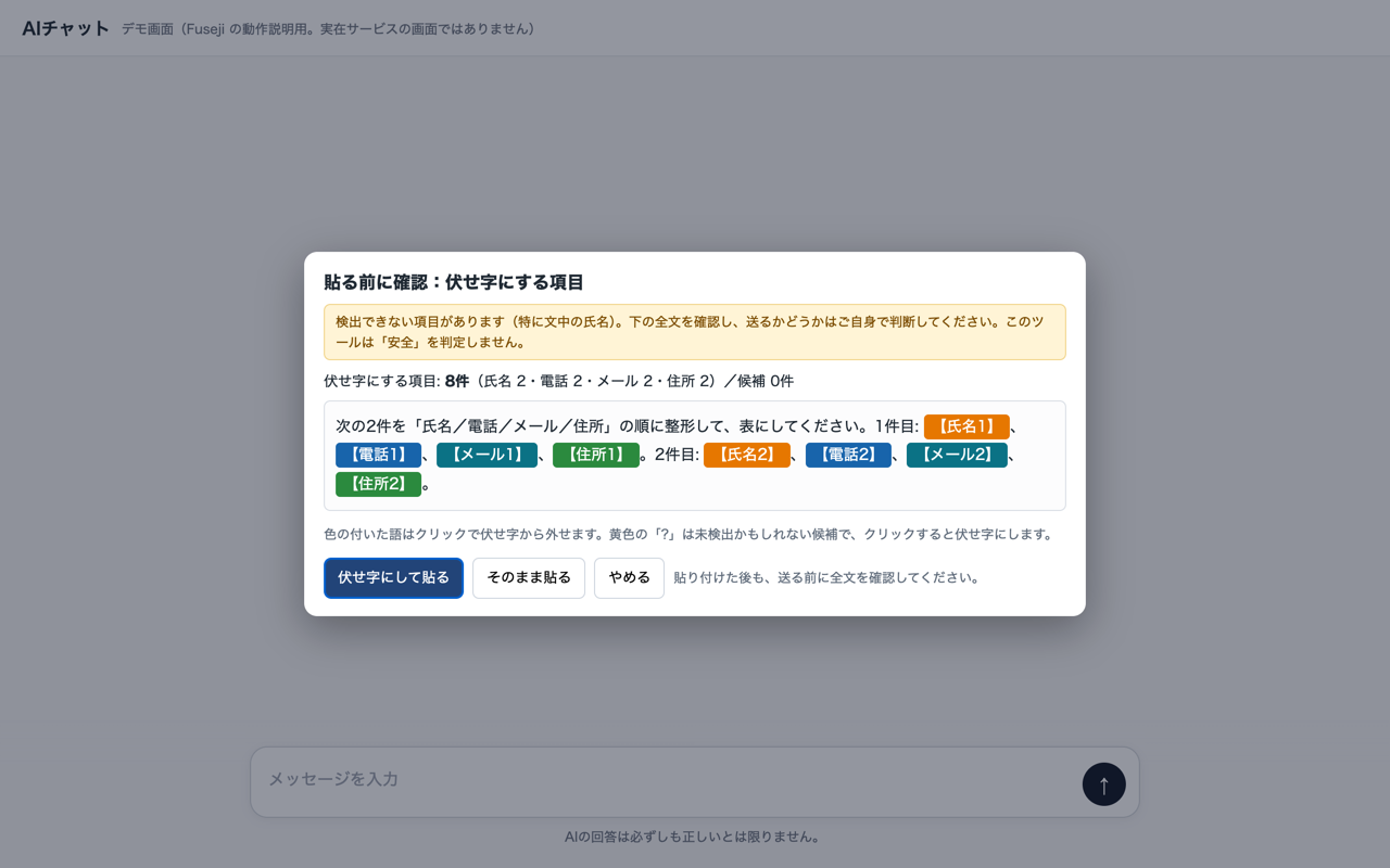 貼る前の確認画面。氏名2・電話2・メール2・住所2 が色付きの仮名として表示され、「伏せ字にして貼る」「そのまま貼る」「やめる」のボタンがある