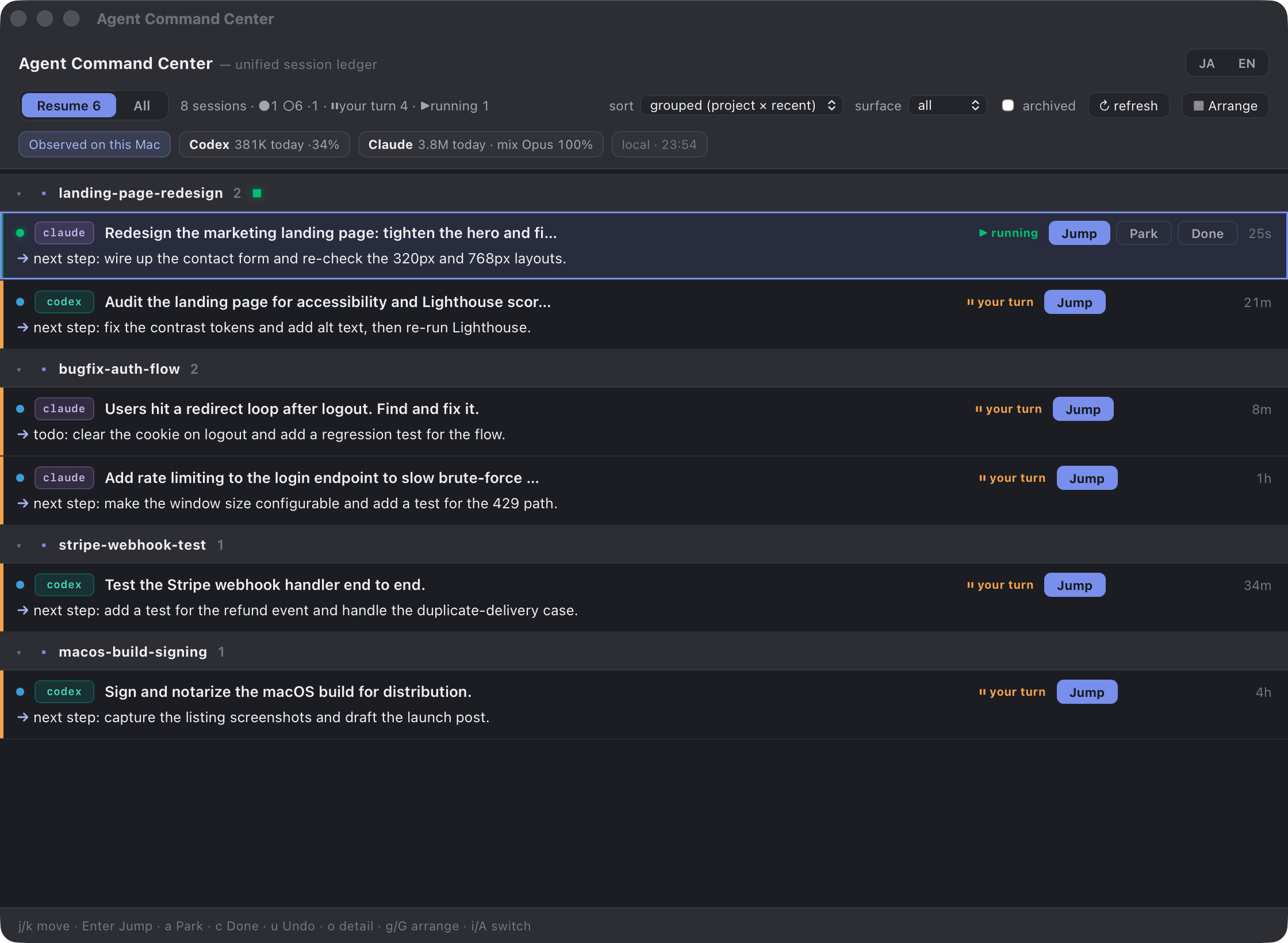 Agent Command Center showing Claude Code and Codex sessions with running and your turn states